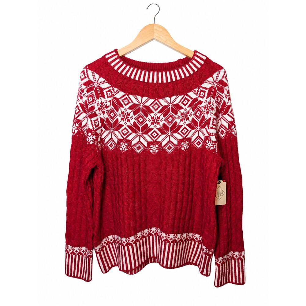 NWT St. John's Bay Red Fair Isle Cable Knit Holiday Sweater Women's L Winter